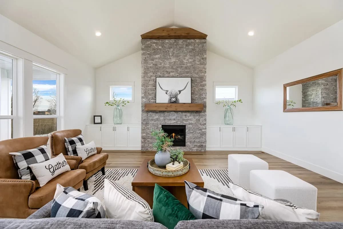 Oakmont custom home builders Boise living room with stone fireplace