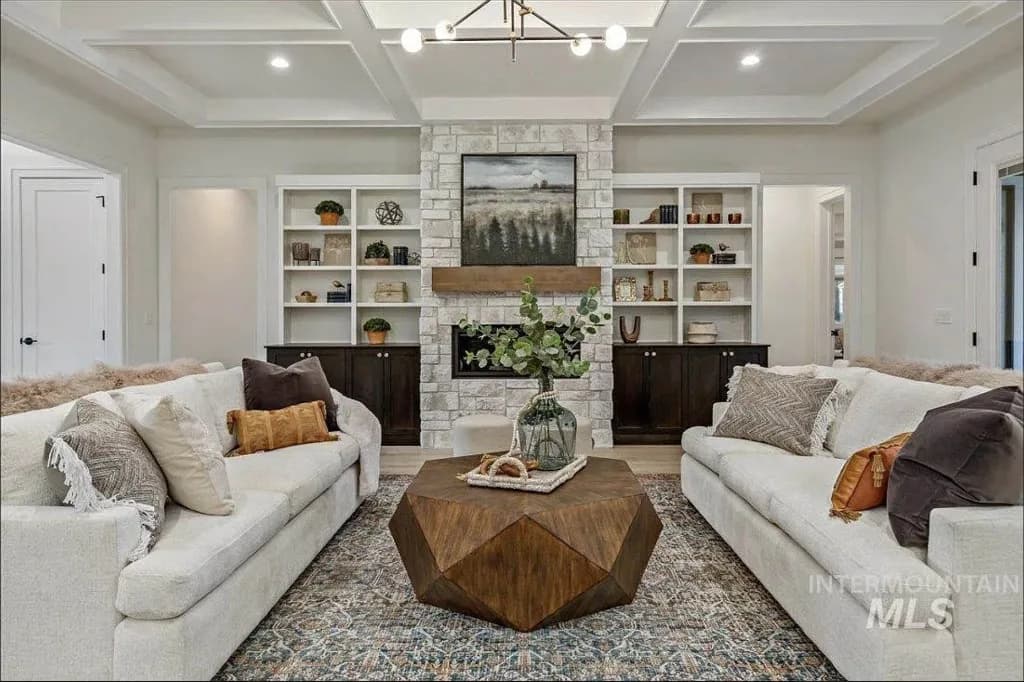 Oakmont custom home builders Boise great room stone fireplace